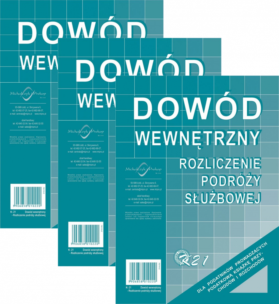 3x Druk akcydensowy dowód wewnętrzny rozliczenie podróży służbowej MiP K-21, A5, offsetowy, 32k