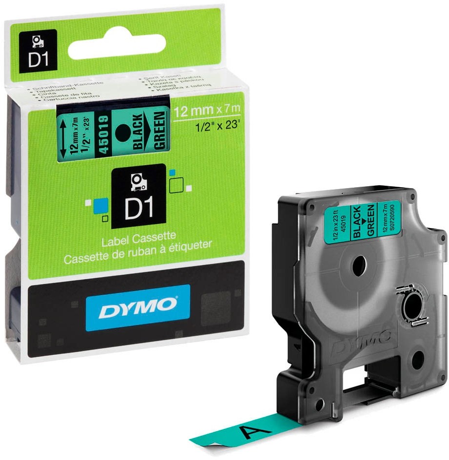 Taśma Dymo D1, 12mmx7m, nadruk czarny, taśma zielona