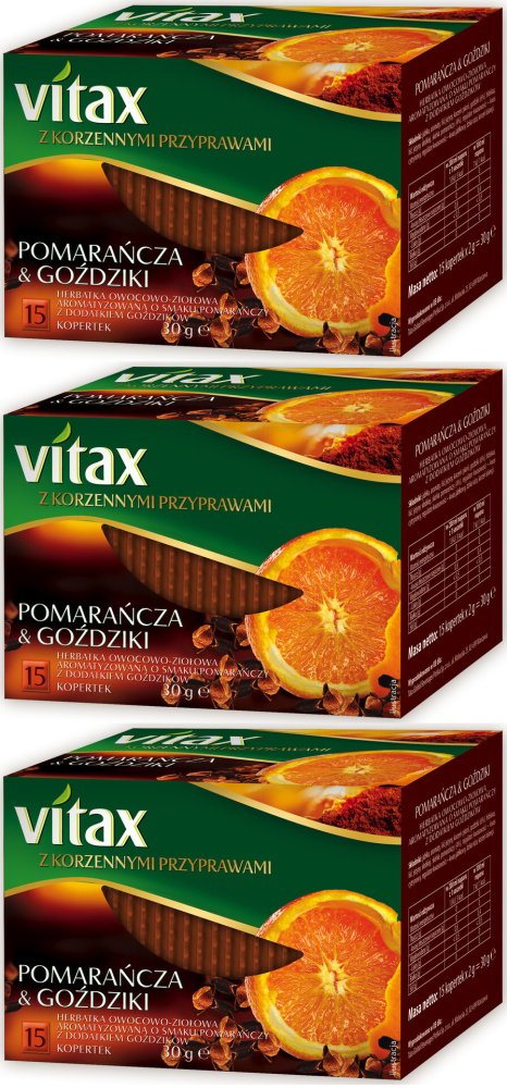 3x Herbata owocowo-ziołowa w kopertach Vitax z korzennymi przyprawami, pomarańcza i goździki, 15 sztuk x 2g