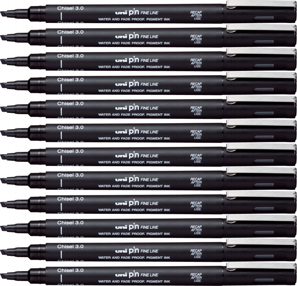 12x Cienkopis kreślarski Uni PIN-200, ścięta końcówka, 3.0mm, czarny