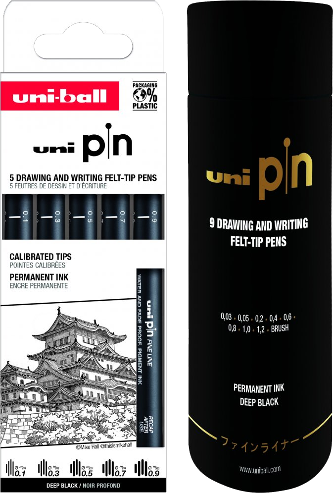 Zestaw cienkopisów kreślarskich Uni PIN-200, 0.1-0.9mm, 5 sztuk, czarny + Cienkopis kreślarski Uni PIN-200, tuba, 9 sztuk, czarny