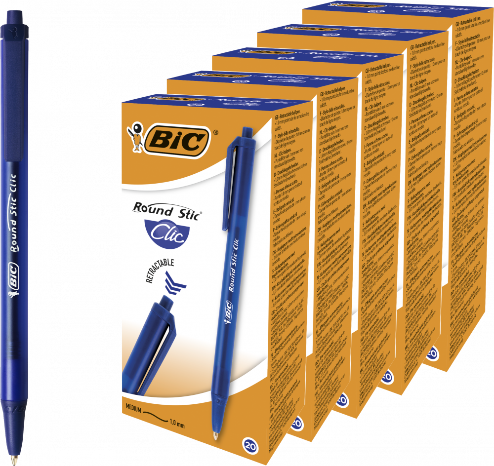 100x Długopis BIC, Round Stic Clic, 1mm, niebieski