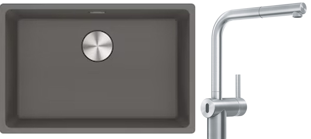 Franke Maris MRG 110-62 zlewozmywak 62x40 cm Fragranite kamienny szary z baterią kuchenną Atlas Neo Sensor stal szlachetna (1250687258, ...