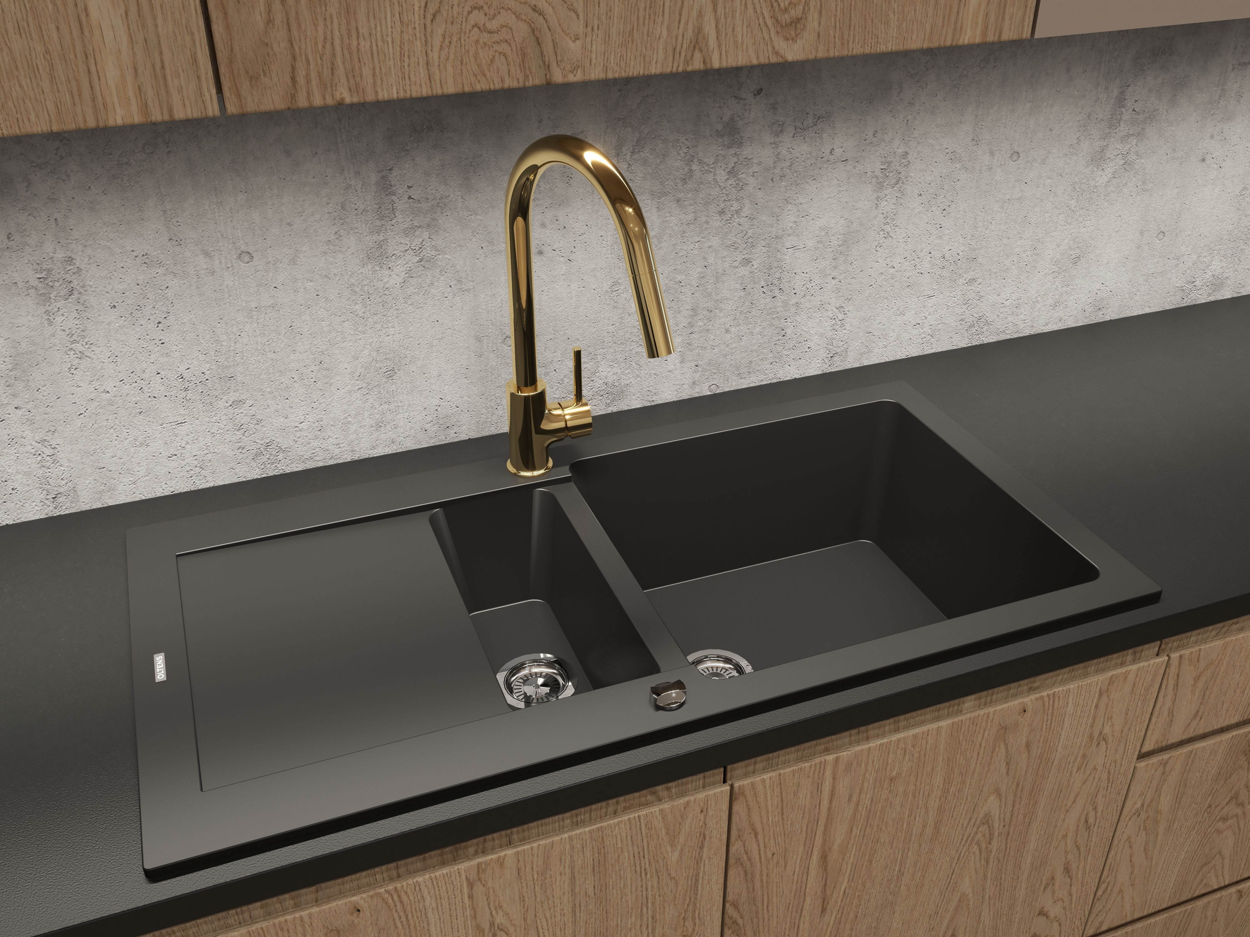 Zestaw Oltens Gravan zlewozmywak granitowy 1,5-komorowy 100x50 cm z baterią kuchenną Litla czarny mat/złoty połysk (72300300, 35204800) - Wysyłka w 