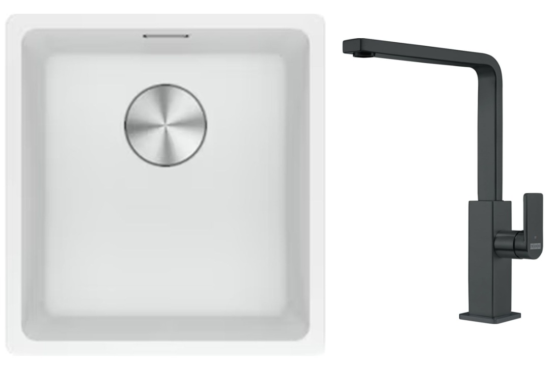 Franke Maris MRG 110-37 zlewozmywak 40x37 cm Fragranite biały polarny z baterią kuchenną Mythos czarna stal szlachetna (1250687251, ...