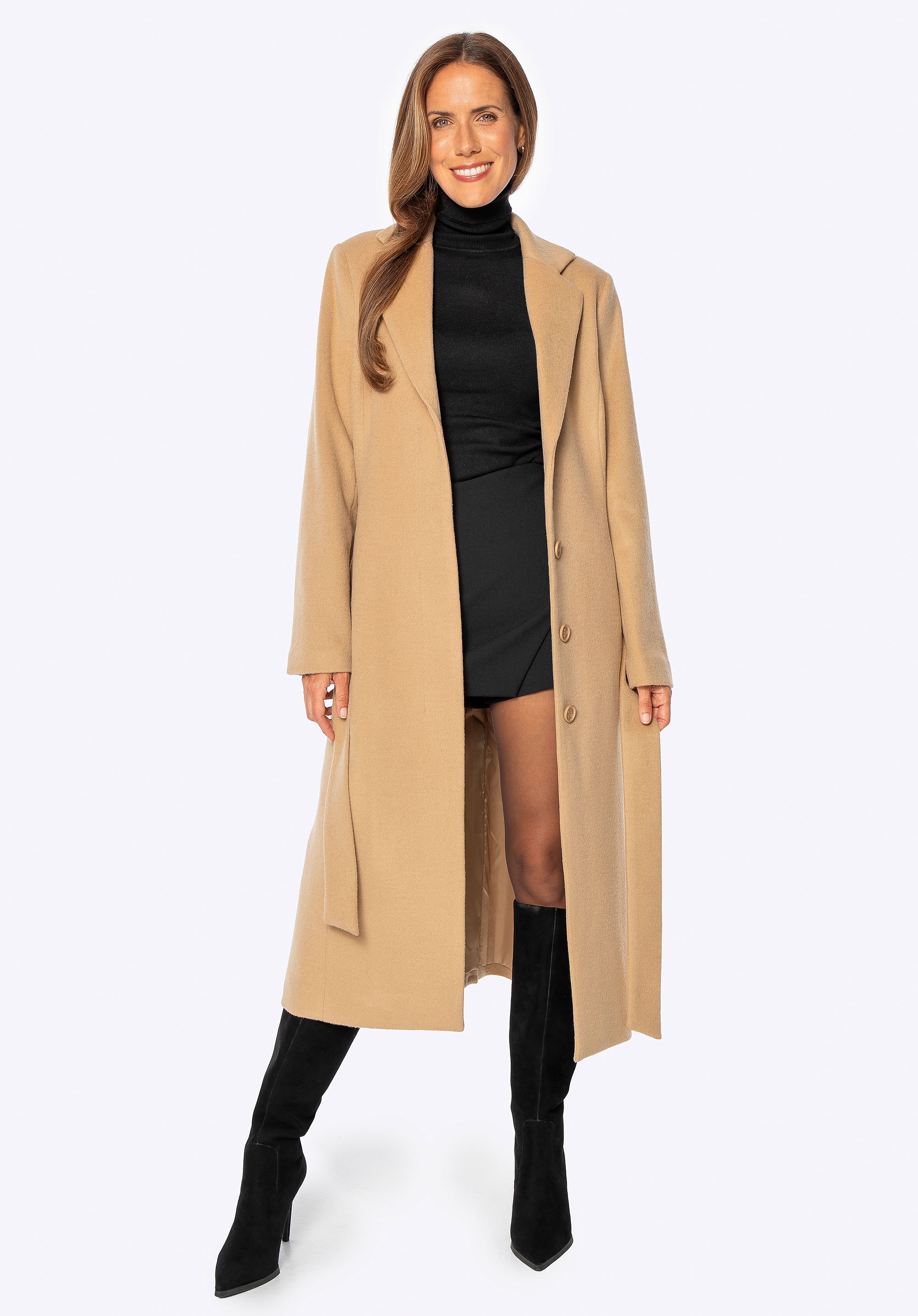 Wełniany płaszcz z domieszką kaszmiru camelowy