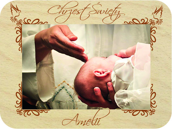 Pamiątka Chrztu Świętego prezent dla Chrzestnych podziękowanie ramka na zdjęcie Chrzest Święty, drewniana kartka z życzeniami IMIĘ grawer