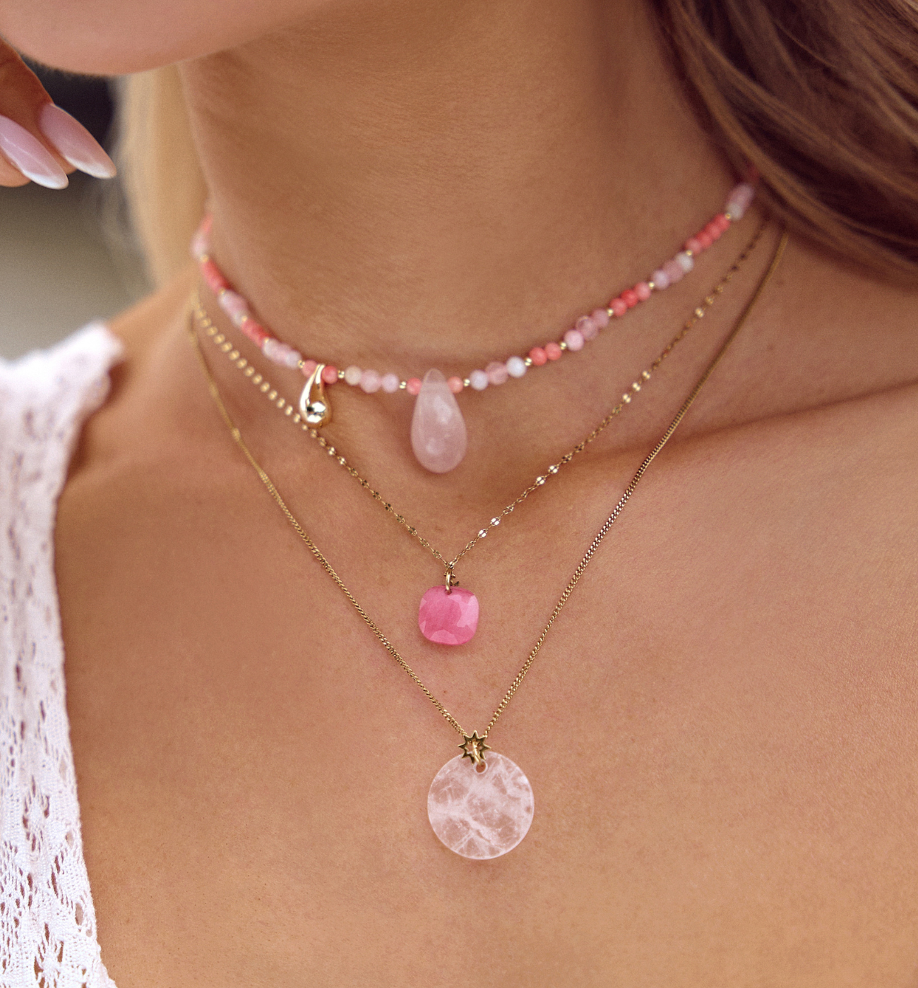 Naszyjnik z kwarcami różowymi i łezką Nature's Tears NSC0486