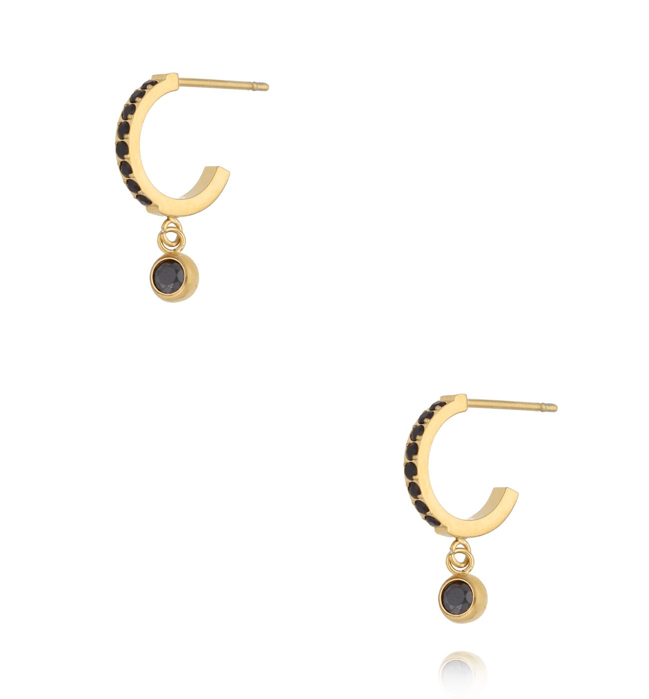 Kolczyki złote półkola z czarnymi cyrkoniami i zawieszką - By Dziubeka