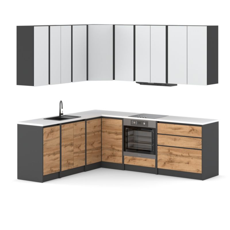 Zestaw Kuchenny Hurtownia-Mebli Z Blatem Kuchnia Bella Narożna Piekarnik 440cm Szary Mat Biały Mat/Dąb Wotan 440x47x185 cm 1szt