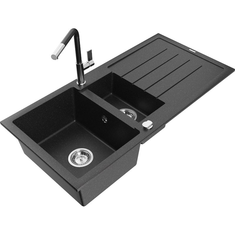 Zlewozmywak granitowy 1.5-komorowy Mexen Andres z ociekaczem i baterią kuchenną Flora czarny/srebrny 6515-73-670401-07