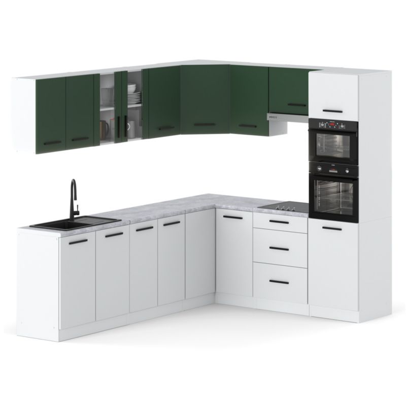 Zestaw Kuchenny Hurtownia-Mebli Z Blatem Kuchnia Marra Narozna 460cm Biały Mat Butelkowa Zieleń/Biały Mat 460x47x145 cm 1szt.