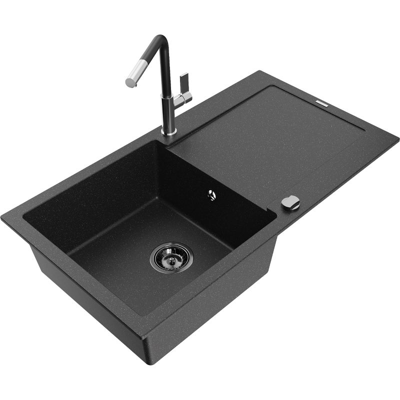 Zlewozmywak granitowy 1-komorowy Mexen Leo z ociekaczem i baterią kuchenną Flora czarny/srebrny metalik 6501-73-670401-07-B