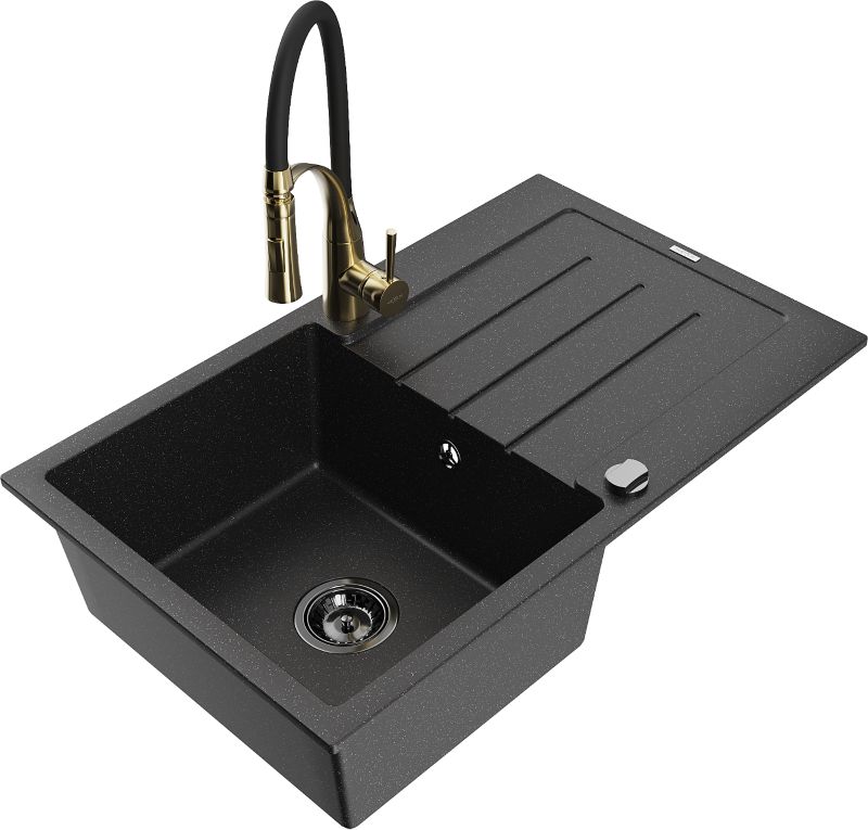 Zlewozmywak granitowy Mexen Bruno 1-komorowy z ociekaczem i baterią kuchenną Aster czarny/srebrny 6513-73-73450-57-B
