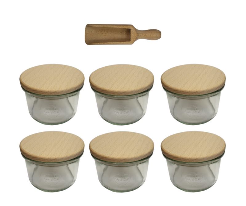 Słoiki MODO24 Weck 200 ml fi 80 mold drewniane wieka miarka 6 kpl.