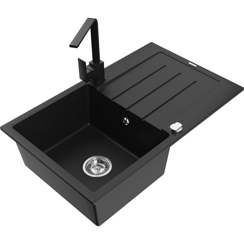 Zlewozmywak granitowy 1-komorowy Mexen Bruno z ociekaczem i baterią kuchenną Rita czarny - 6513-77-670300-50-B 1 szt.