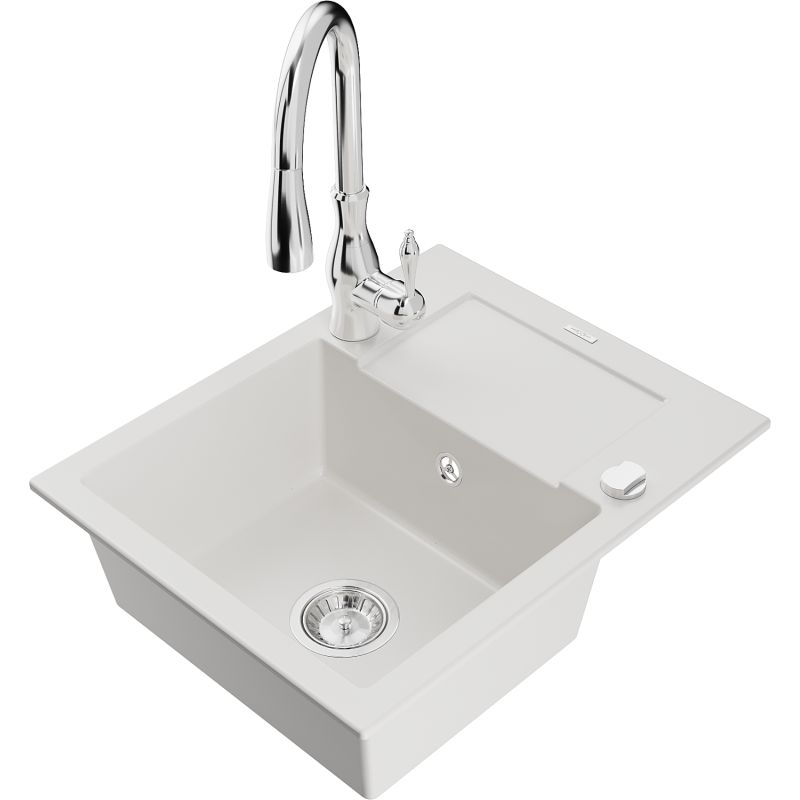 Zlewozmywak granitowy 1-komorowy Mexen Enzo z ociekaczem i baterią kuchenną Savita biały - 6506-20-672601-70 1 szt.