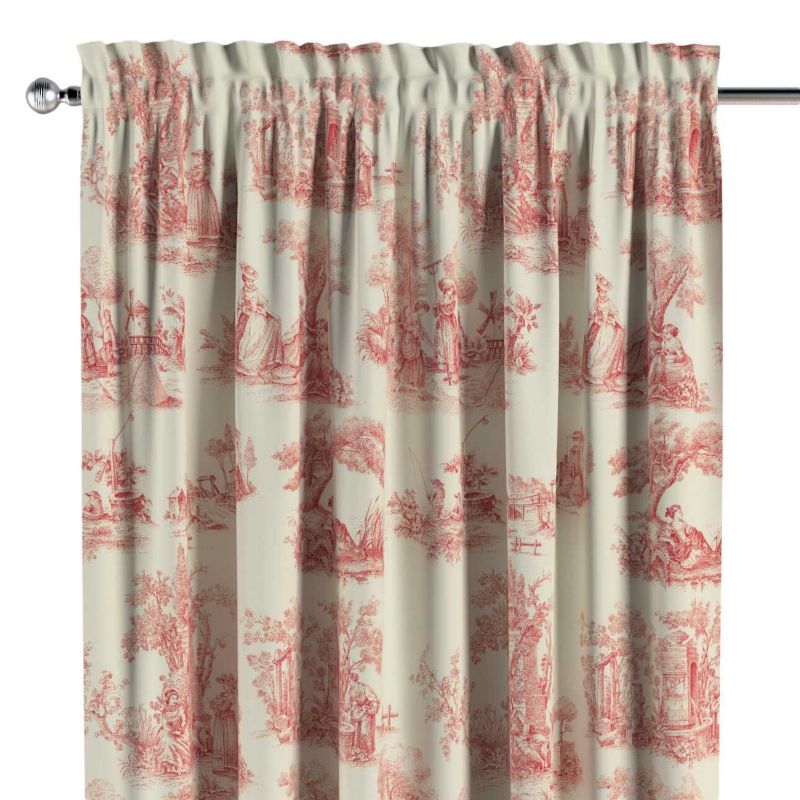 Zasłona na kanale z grzywką 1 szt. 130 x 260 cm Dekoria scenki rodzajowe w kolorze czerwonym na tle ecru 1 szt.