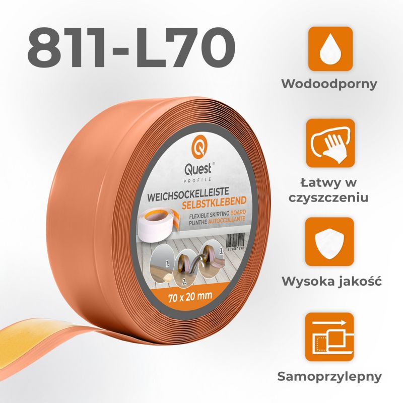 Listwa przypodłogowa PCV 70x20mm, QUEST, samoprzylepna elastyczna, miękka listwa podłogowa, cokołowa, ceglany, 10m