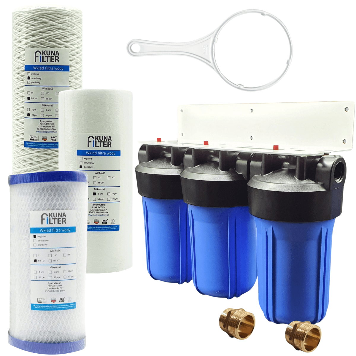 Trzy korpusy BB10 z wkładami filtrującymi. Filtr węglowy i sznurkowy.