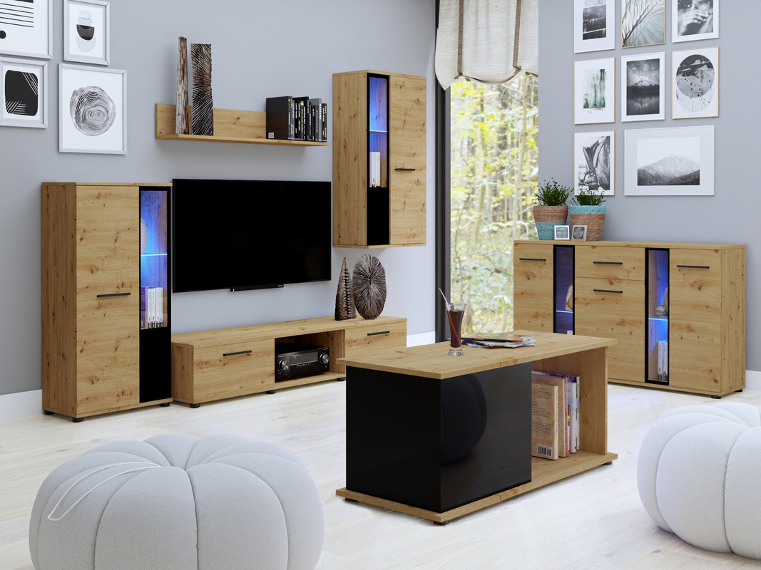 Meblościanka do salonu z komodą i ławą dąb artisan CUBE