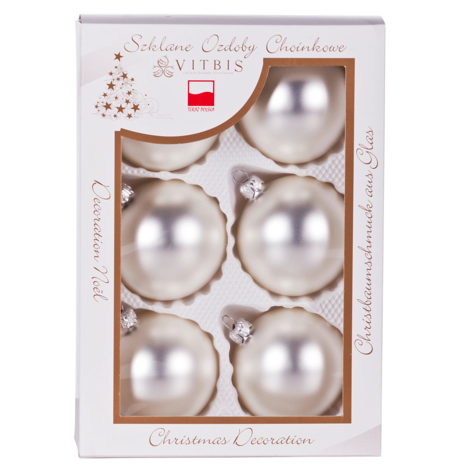 Bombki gładkie w pudełku srebrne śr. 7 cm - 6 szt.