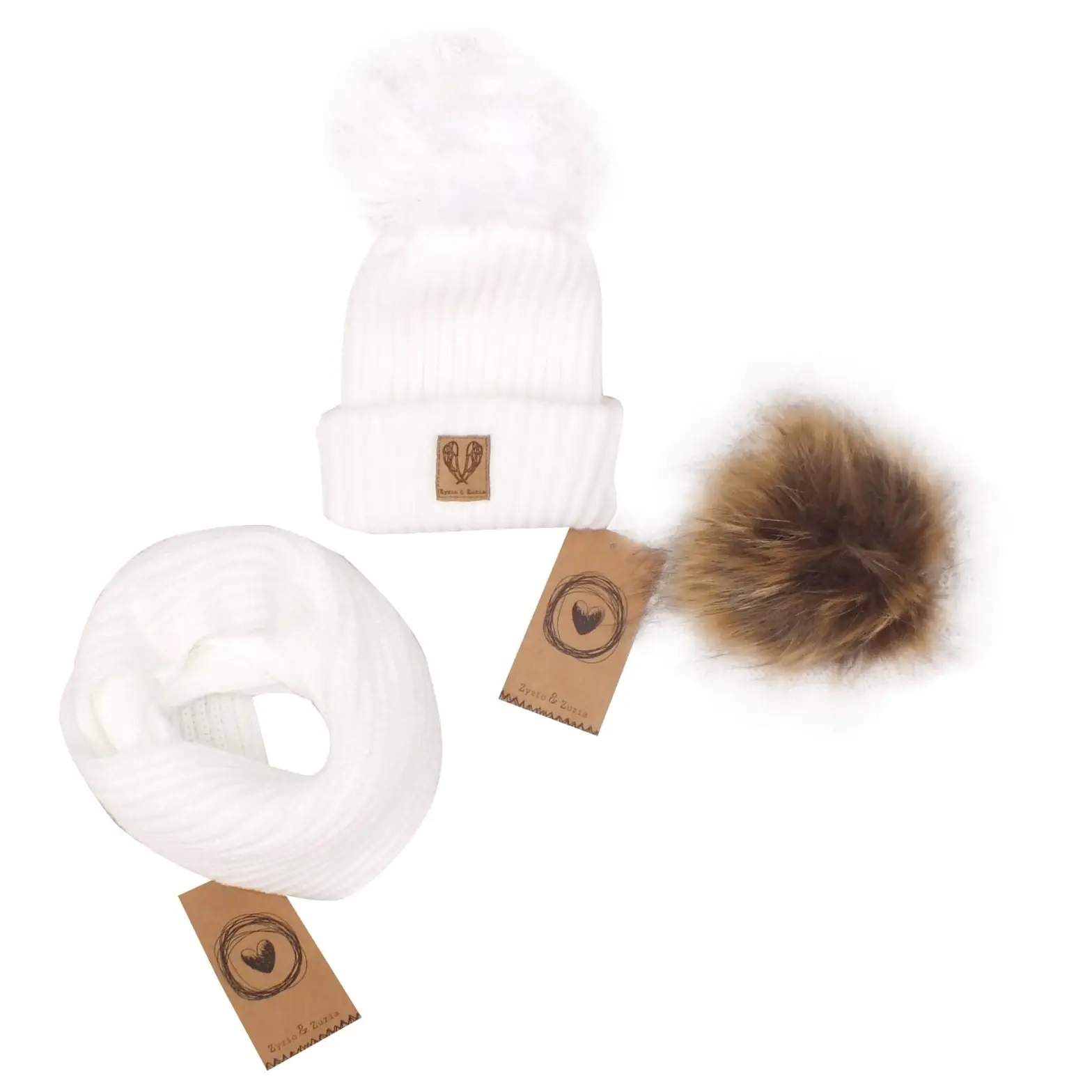 KOMPLET CZAPKA ZIMOWA Z POMPONEM 3W1 + SZALIK BIAŁY ZZ - 0-4 m-cy