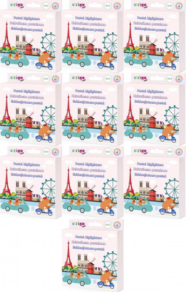 10x Zakreślacze Strigo Capybara Eko, ścięta, 1-5mm, 4 sztuki, mix kolorów pastelowych