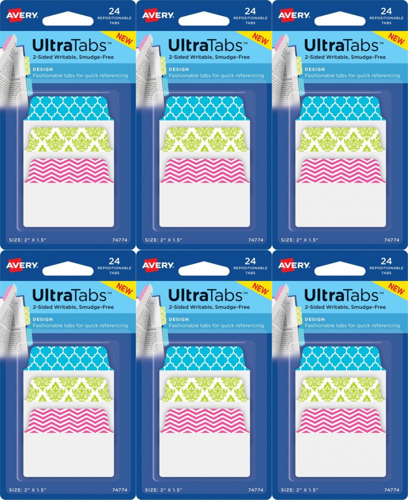 6x Zakładki samoprzylepne Avery Zweckform Ultra Tabs 74774, indeksujące ze wzorkami, folia, 50.8x38.1mm, 24 sztuki, mix kolorów