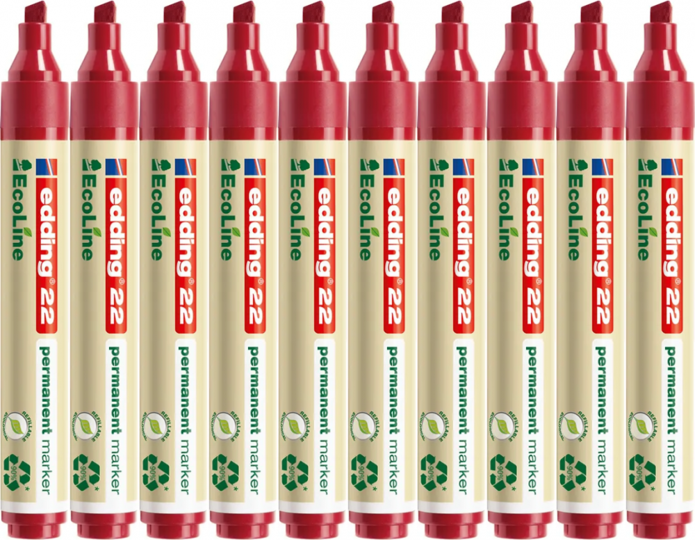 10x Marker permanentny edding 22 EcoLine, ścięta, 1-5mm, czerwony