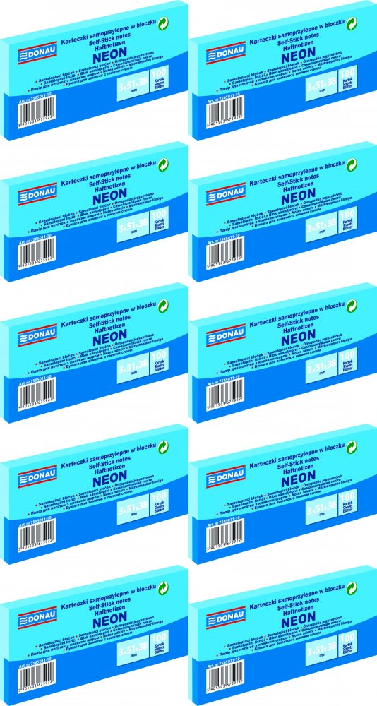 10x Karteczki samoprzylepne Donau, 38x51mm, 3x100 karteczek, neonowy niebieski