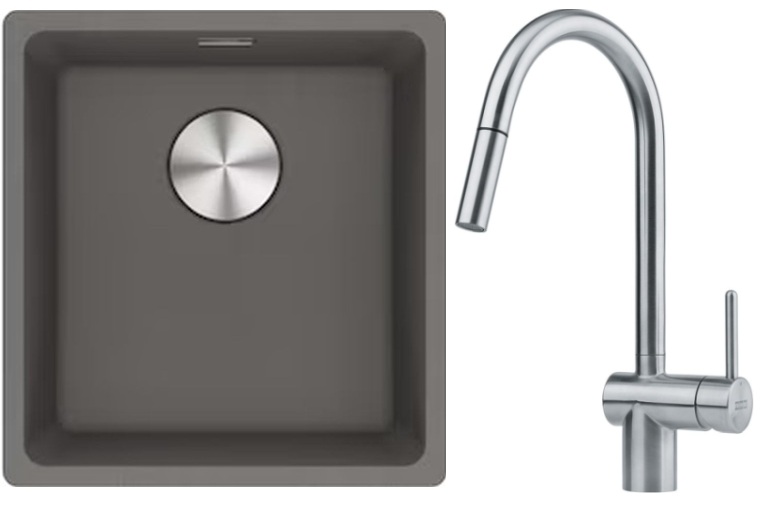 Franke Maris MRG 110-37 zlewozmywak 40x37 cm Fragranite kamienny szary z baterią kuchenną Leda Neo stal szlachetna (1250687250, ...