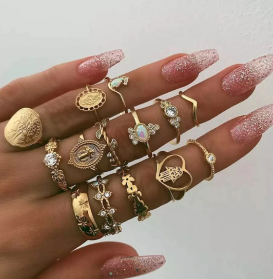 Zestaw 15 pierścionków złote Maryjka, serce z kwiatkiem