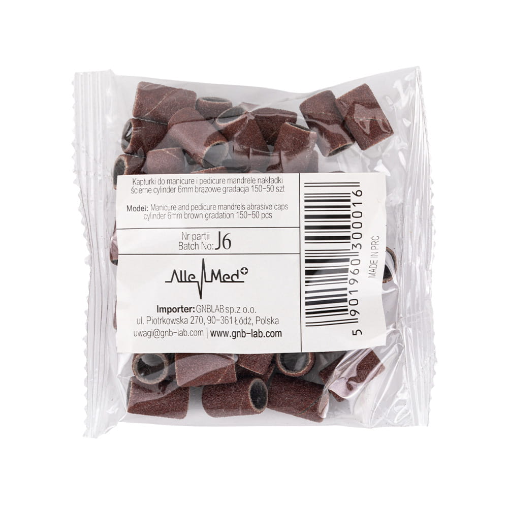 Kapturki do manicure i pedicure mandrele nakładki ścierne cylinder 6mm gradacja 150 AlleMed brązowe 50 szt