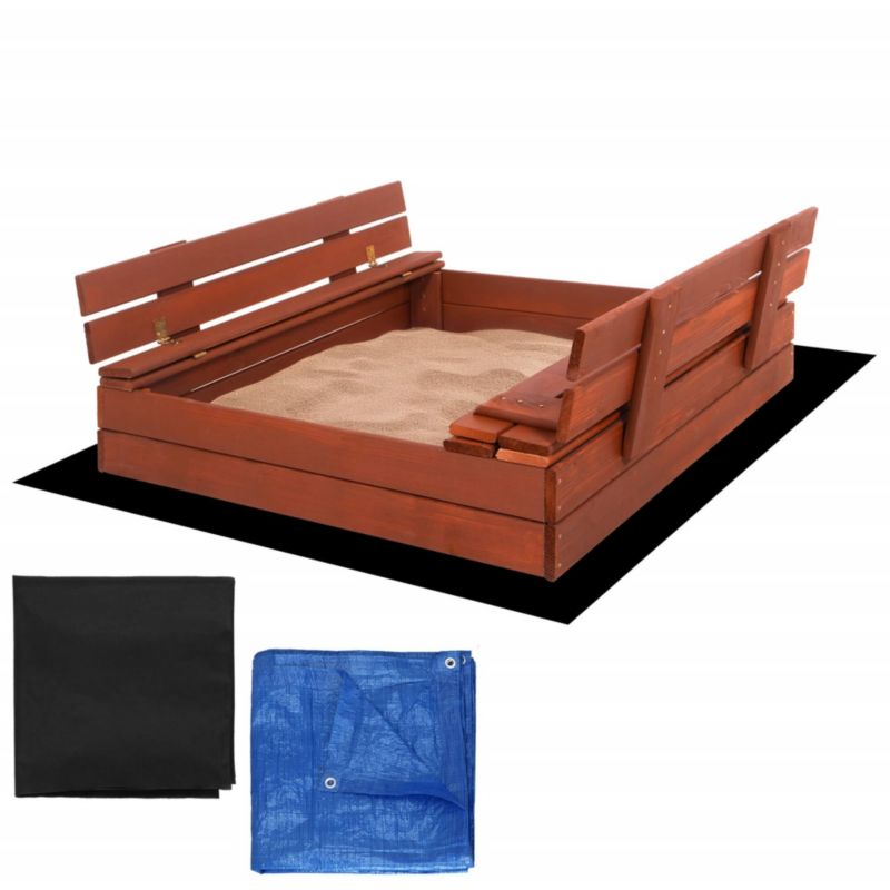 Piaskownica zamykana Springos 100x100 cm drewno impregnowane z ławeczkami, włókniną i plandeką, brązowa 1 szt.