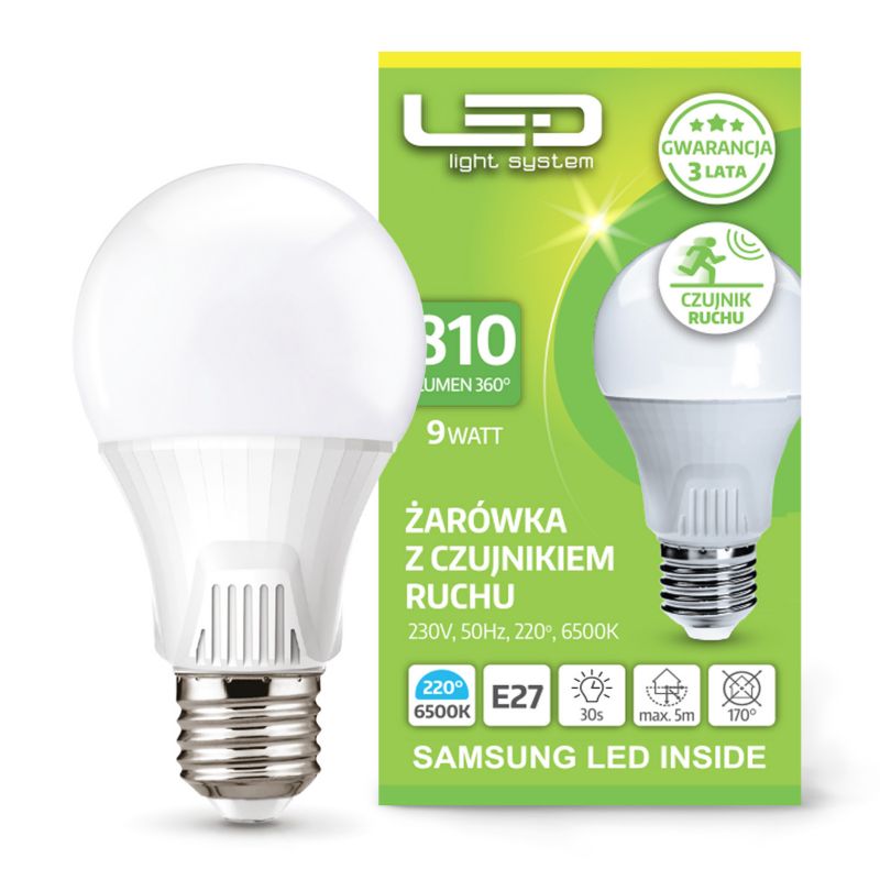 Żarówka LED 9W z czujnikiem ruchu i zmierzchu LLs 6000K 5szt.