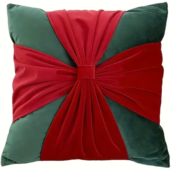 Welurowa poduszka zielona z czerwoną kokardą 45x45cm ut