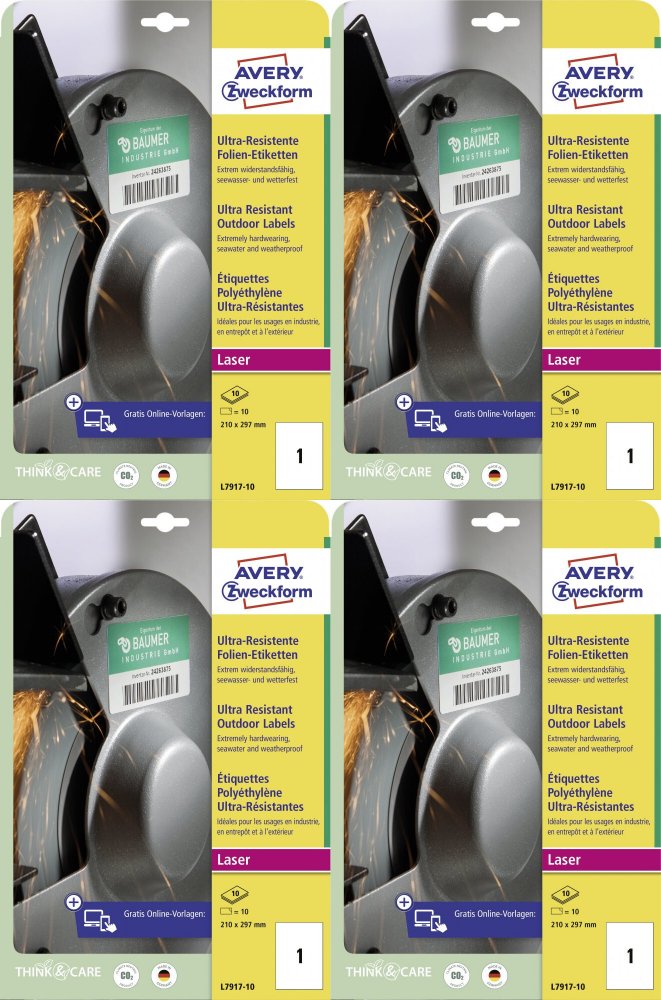 4x Etykiety polietylenowe Avery Zweckform Ultra Resistant, A4, 210x297mm, 10 arkuszy, biały