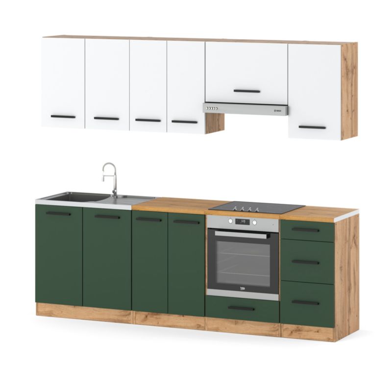 Zestaw Kuchenny Hurtownia-Mebli Z Blatem Kuchnia Mokka Plus 240cm Dąb Wotan Biały Mat/Butelkowa Zieleń 240x47x145 cm 1szt.
