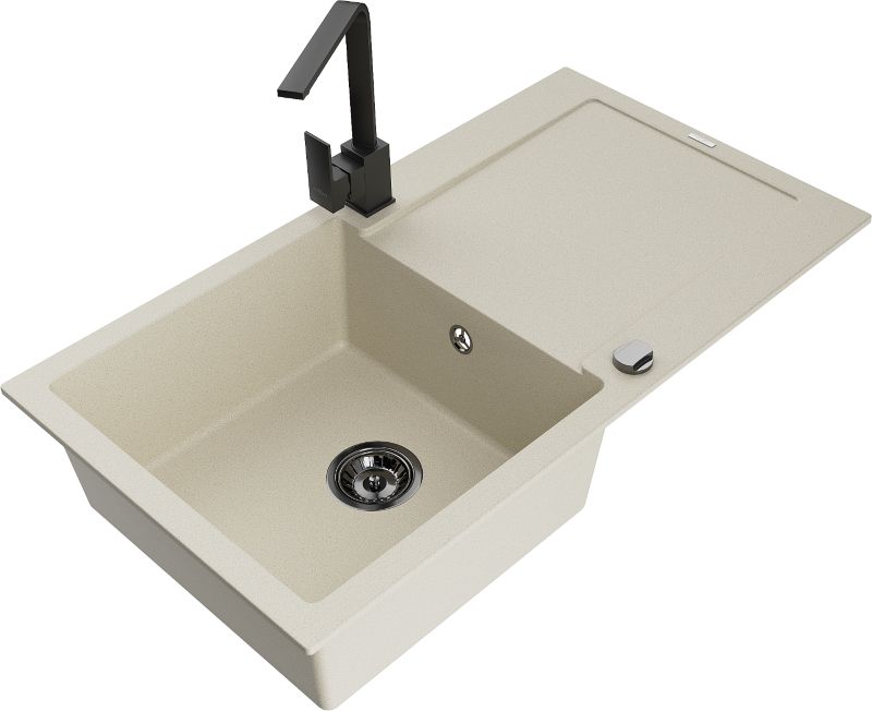 Zlewozmywak granitowy Mexen Leo 1-komorowy z ociekaczem i baterią kuchenną Rita beżowy - 6501-69-670300-50 1 szt.