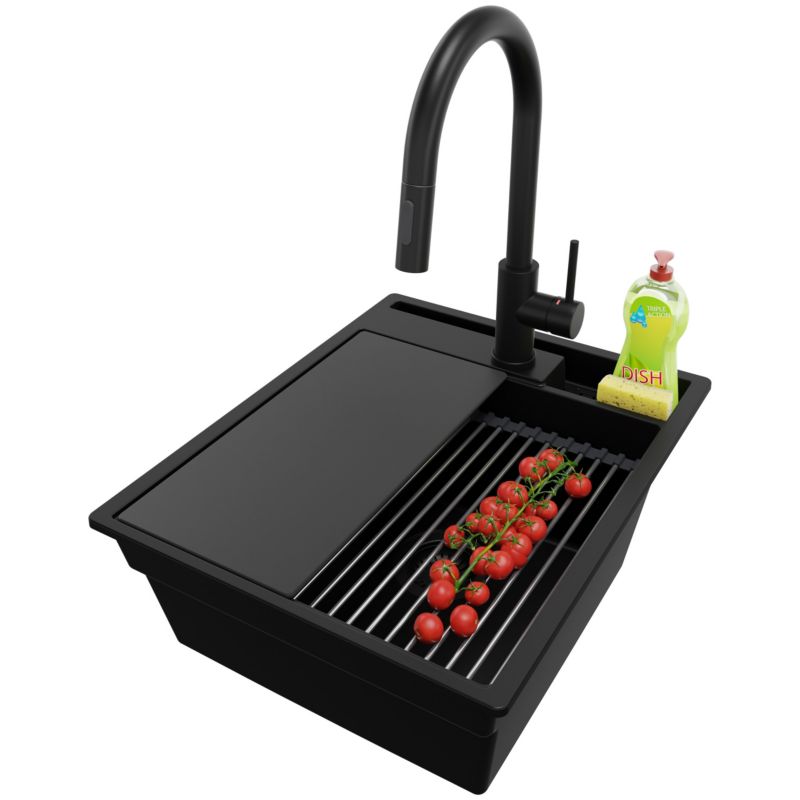 Zlewozmywak Granitowy Oslo Pocket PRIMAGRAN Nablatowy 43x53cm do szafki od 45cm z Syfonem i Baterią i Dodatkiem Cały Czarny 1 szt.