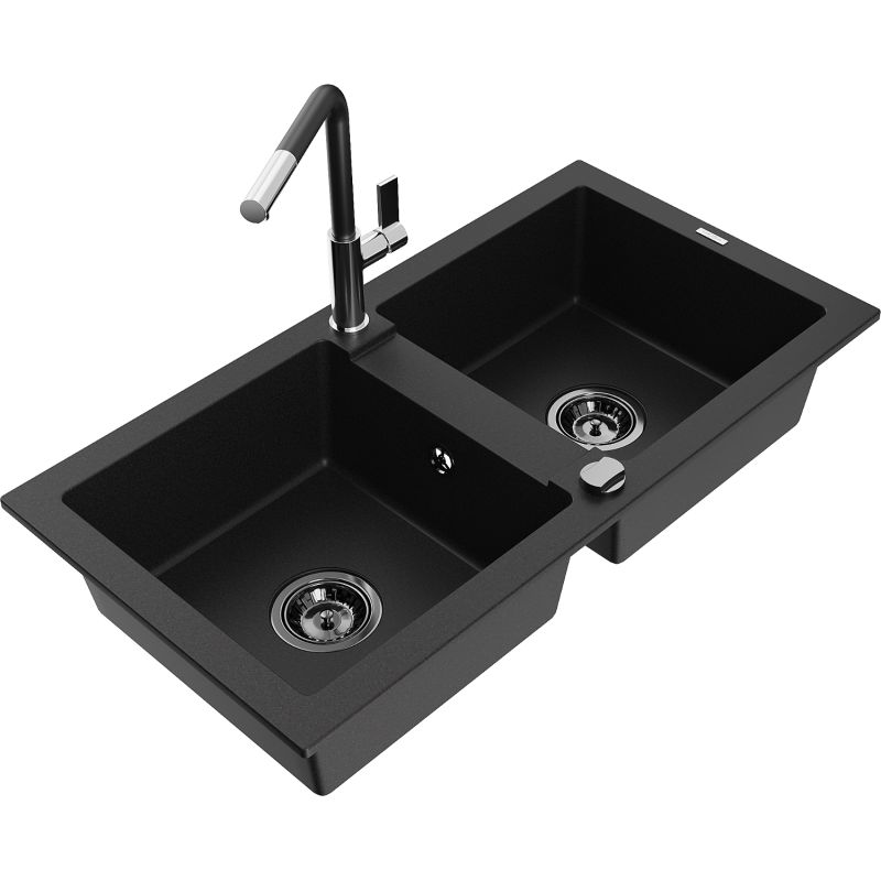 Zlewozmywak granitowy 2-komorowy Mexen Mario z baterią kuchenną Flora czarny - 6504-77-670401-57-G 1 szt.