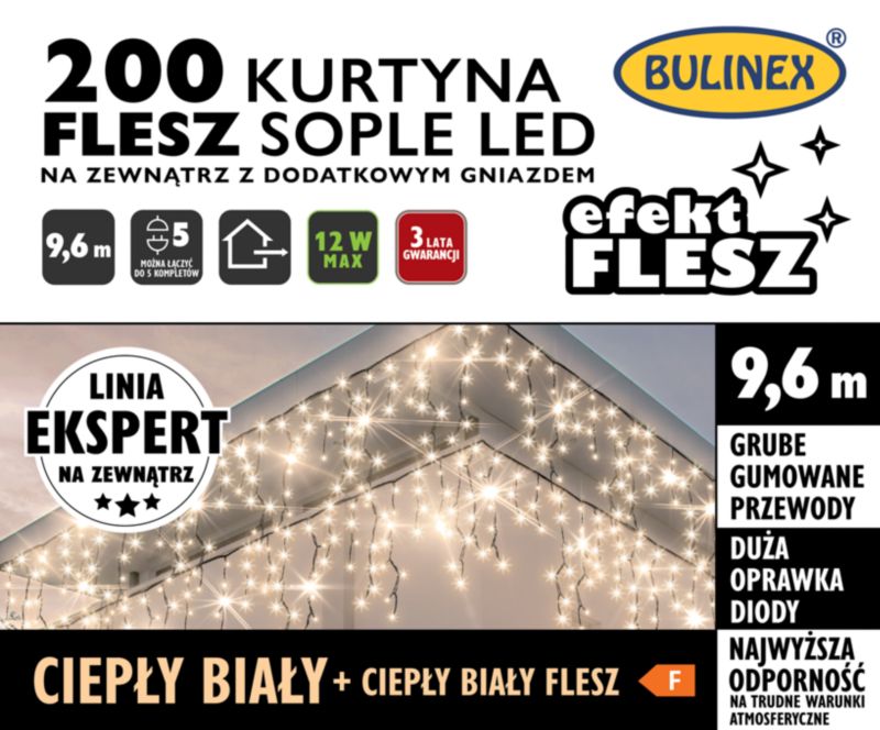 Kurtyna zewnętrzna 200 LED Bulinex sople flesz 9,6 m z dodatkowym gniazdem ciepła biała