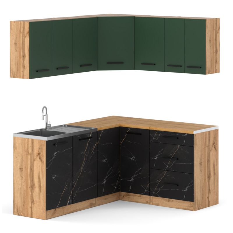 Zestaw Kuchenny Hurtownia-Mebli Z Blatem Kuchnia narożna Diana 320cm Dąb Wotan Butelkowa Zieleń/San Sebastian 320x47x145 cm 1sz