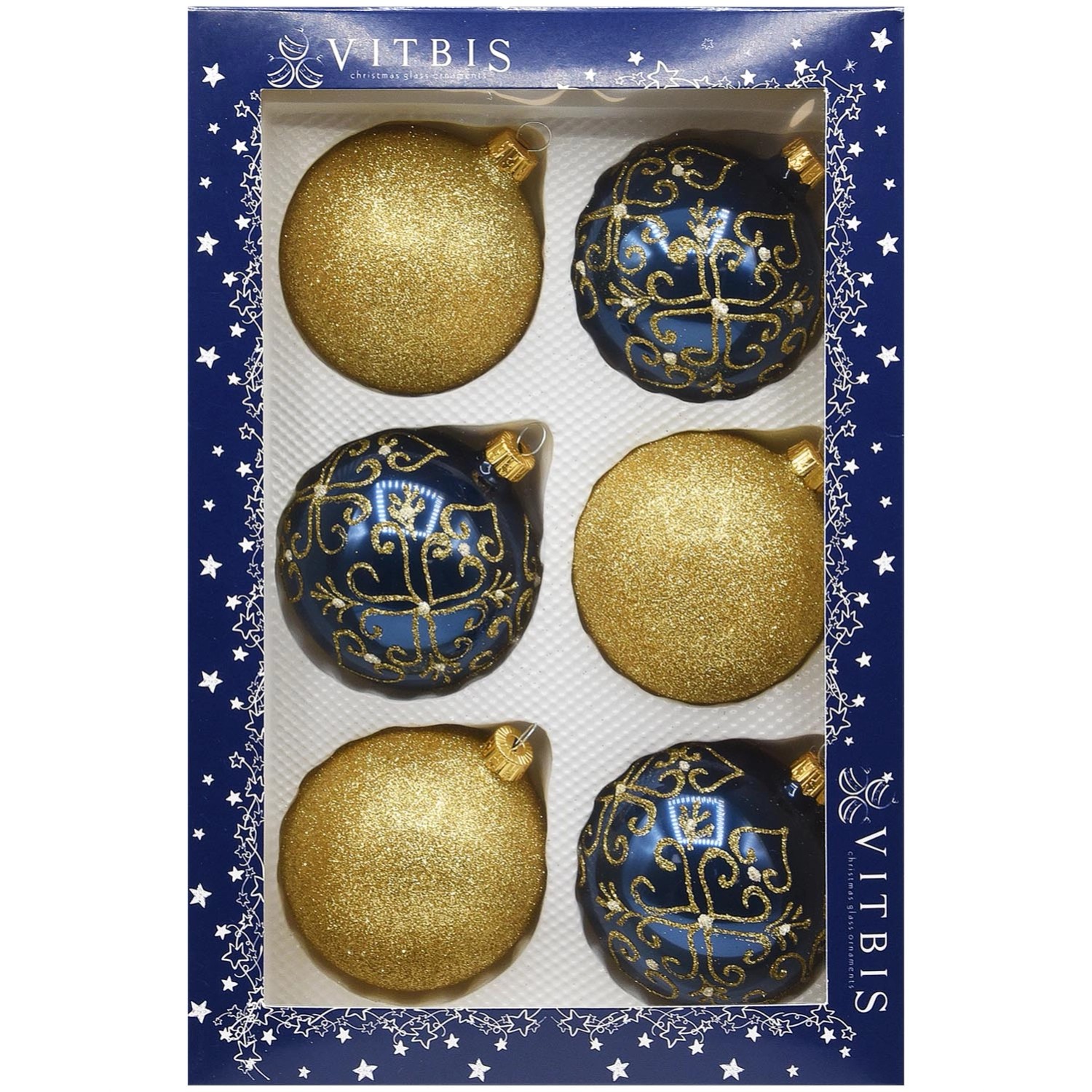 Bombki szklane granatowo-czarno-złote śr. 8cm, mix - 6 szt.
