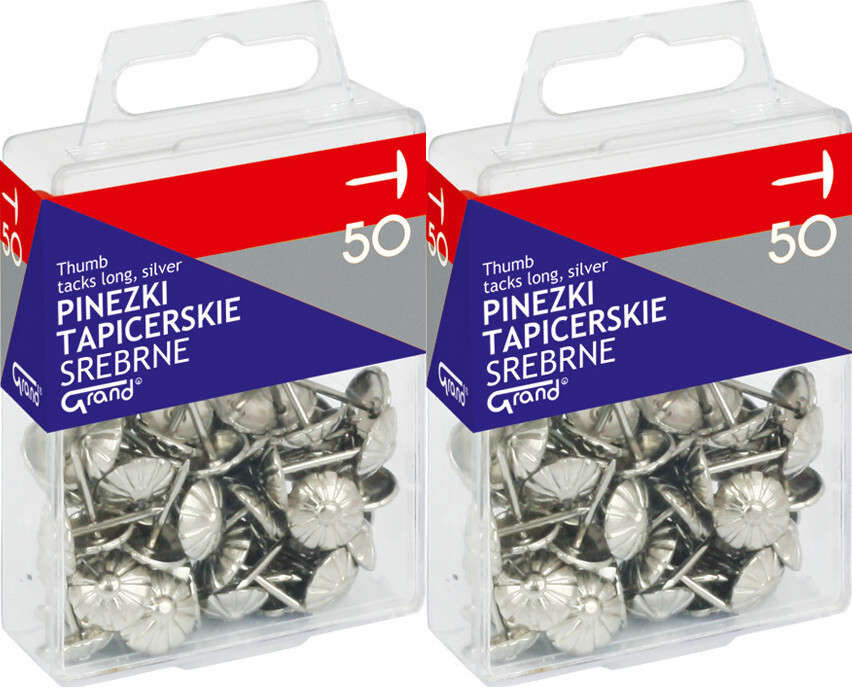 2x Pinezki tapicerskie Grand, w pudełku, 50 sztuk, srebrny