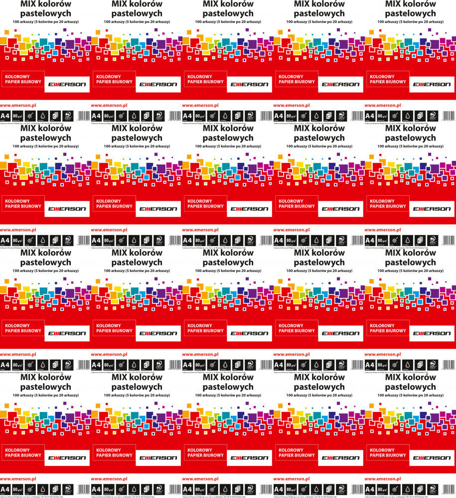 20x Papier kolorowy Emerson, A4, 80g/m2, 100 arkuszy, mix kolorów pastelowych 5x20 ark.