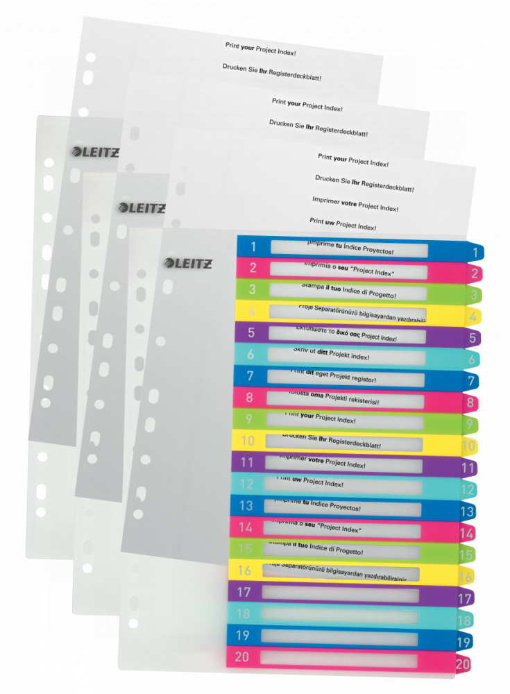 3x Przekładki do segregatora Leitz Wow, plastikowe, numeryczne, do zadruku, A4+, 20 kart, mix kolorów