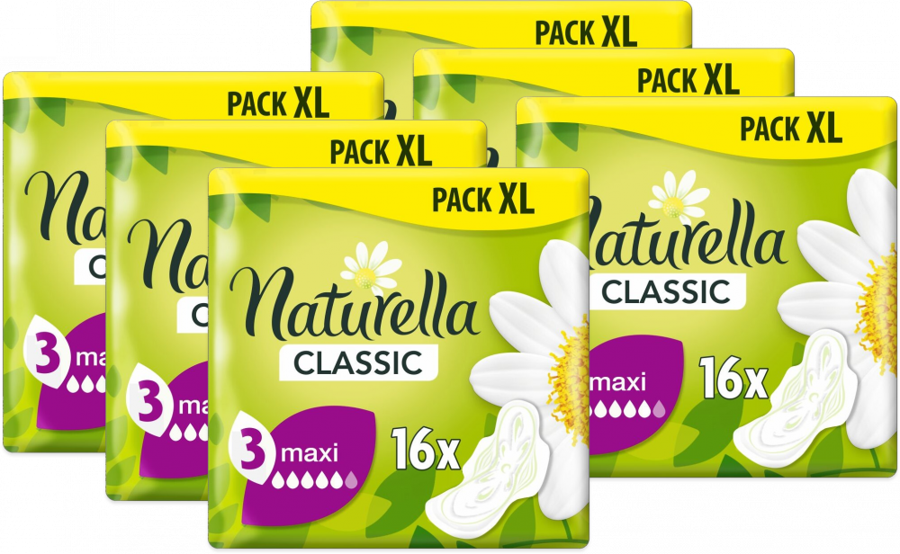 6x Podpaski Naturella Camomile Classic Maxi, ze skrzydełkami, 16 sztuk