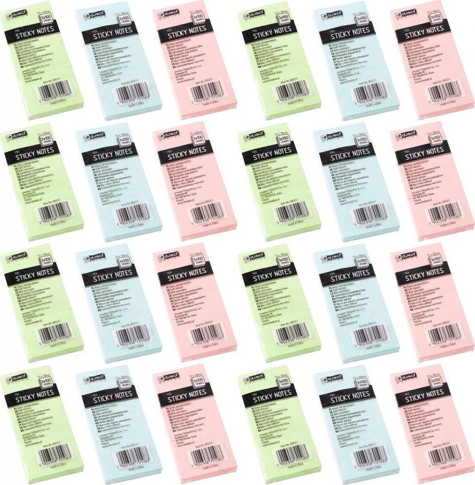 24x Karteczki samoprzylepne D.Rect 38x51mm, 3x100 karteczek, mix kolorów pastelowych